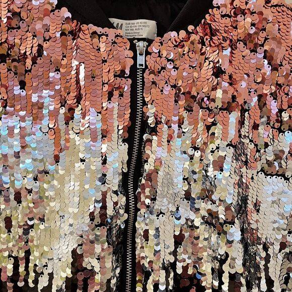 H&M Girls Ombre Black Silver Pink Sequin Bomber Jacket Size 10-11 years - Picture 9 of 15